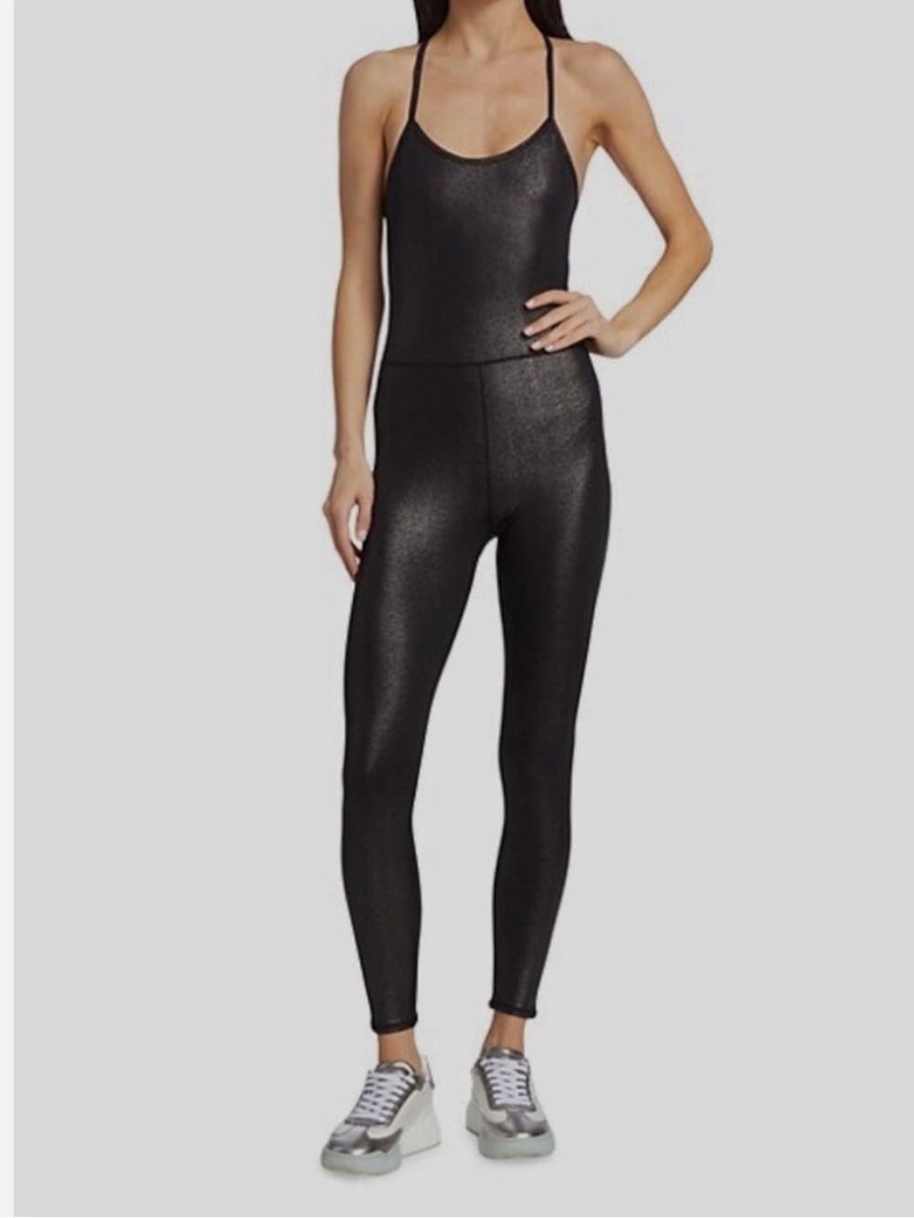 Terez Shimmering Black Foil Jumpsuit Scoop Back